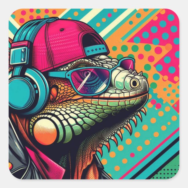 POP ART IGUANA 2 QUADRATISCHER AUFKLEBER (Vorderseite)