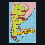Pop Art Illustriert Argentinien Poster<br><div class="desc">Diese illustrierte argentinische Landkarte ist in einem lebendigen Pop-Kunststil dargestellt. Die Karte ist in schwarz und mit einer hellgelben Farbe, Set vor einem blauen Hintergrund mit gepunkteten Mustern gefüllt. Die großen Städte Argentiniens sind in blauen Kartons gekennzeichnet.</div>