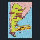 Pop Art Illustriert Argentinien Poster<br><div class="desc">Diese illustrierte argentinische Landkarte ist in einem lebendigen Pop-Kunststil dargestellt. Die Karte ist in schwarz und mit einer hellgelben Farbe,  Set vor einem blauen Hintergrund mit gepunkteten Mustern gefüllt. Die großen Städte Argentiniens sind in blauen Kartons gekennzeichnet.</div>
