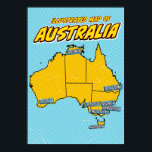 Pop Art Illustriert Australien Poster<br><div class="desc">Diese illustrierte Karte Australiens wird in einem lebendigen Pop-Kunststil dargestellt. Die Karte ist in schwarz und mit einer hellgelben Farbe,  Set vor einem blauen Hintergrund mit gepunkteten Mustern gefüllt. Die Großstädte Australiens sind in blauen Kartons gekennzeichnet</div>