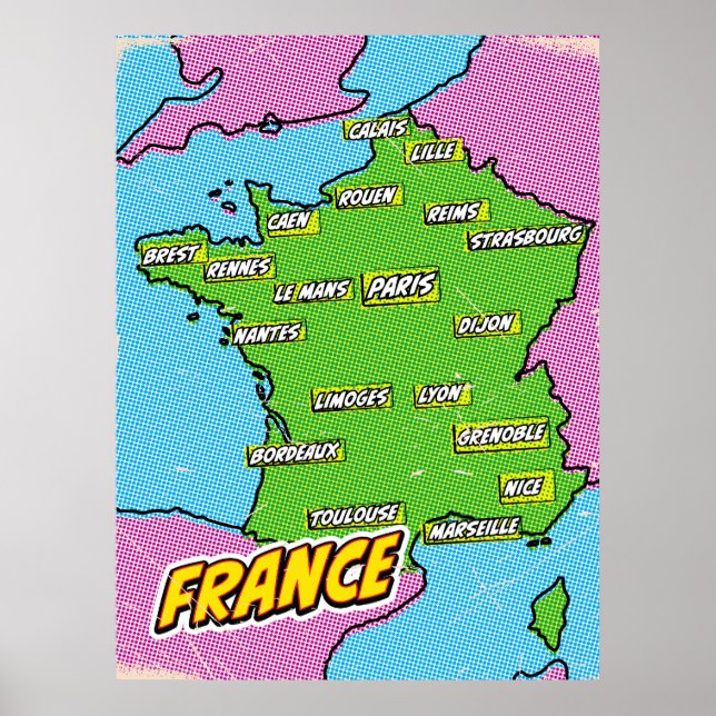 Pop Art Illustriert France Karte Poster (Vorne)