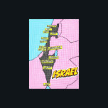 Pop Art Illustriert Israel Karte Leinwanddruck<br><div class="desc">Eine stilisierte israelische Landkarte im Stil der Pop-Kunst mit einer schwarzen Kontur des Landes auf einem rosa und blau gepunkteten Hintergrund. Die Karte ist mit großen Städten und Orten in gelben Kartons wie Jerusalem,  Tel Aviv,  Beersheba und Eilat beschriftet.</div>