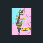 Pop Art Illustriert Israel Karte Leinwanddruck<br><div class="desc">Eine stilisierte israelische Landkarte im Stil der Pop-Kunst mit einer schwarzen Kontur des Landes auf einem rosa und blau gepunkteten Hintergrund. Die Karte ist mit großen Städten und Orten in gelben Kartons wie Jerusalem, Tel Aviv, Beersheba und Eilat beschriftet.</div>