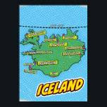 Pop Art Illustriert New York City Karte Poster<br><div class="desc">Eine Kunstkarte im Pop-Stil Islands mit einem hellblauen Hintergrund und einem gepunkteten Muster. Die Karte selbst ist grün mit schwarzen Konturen und zeigt verschiedene Städte mit roten Punkten und gelben Sprachblasen. Die Namen der Städte sind in fett weißen Buchstaben in den Sprechblasen geschrieben.</div>