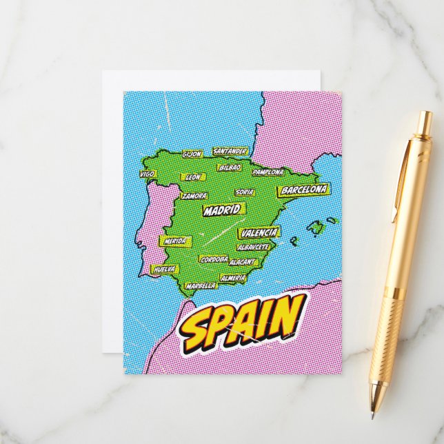 Pop Art Illustriert Spain Maps Begleitkarte (Vorderseite/Rückseite Beispiel)