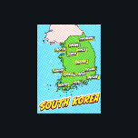 Pop Art Illustriert Südkorea Karte Leinwanddruck<br><div class="desc">Eine Pop-Kunstkarte Südkoreas mit einem hellblauen Hintergrund und einem gepunkteten Muster.</div>