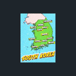 Pop Art Illustriert Südkorea Karte Leinwanddruck<br><div class="desc">Eine Pop-Kunstkarte Südkoreas mit einem hellblauen Hintergrund und einem gepunkteten Muster.</div>