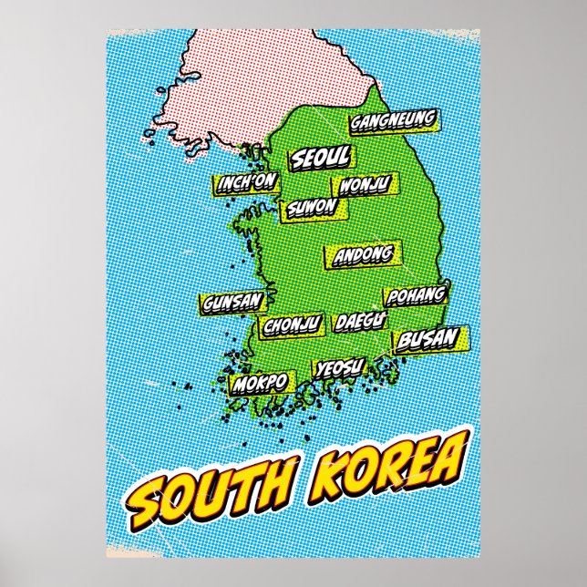 Pop Art Illustriert Südkorea Karte Poster (Vorne)