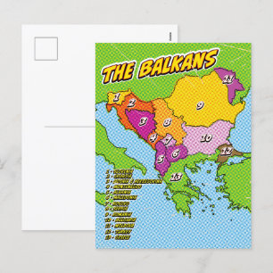 Pop-Art-illustrierte Balkan-Karte Feiertagspostkarte