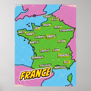 Pop-Art-illustrierte Frankreichkarte Poster