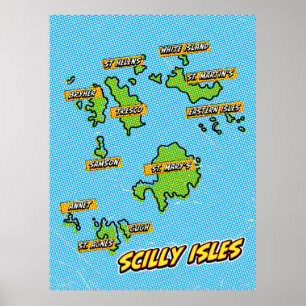 Pop-Art-Illustrierte Karte der Scilly-Inseln Poster