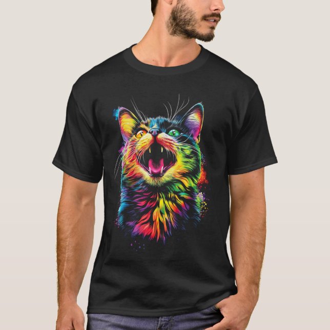Pop-Art-Katze Regenbogen T-Shirt (Vorderseite)