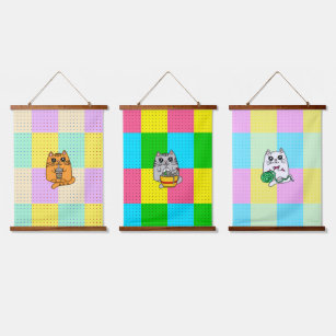 Pop Art Kawaii Katze mit Boba Tee, Ramen und Handw Wandteppich Mit Holzrahmen