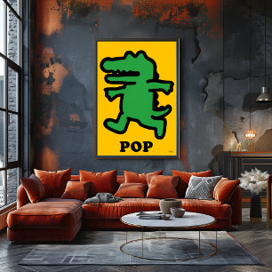 Pop-Art-Krokodil – Grüne Silhouette auf Gelb Poster