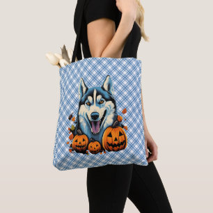 Pop-Art lächelnder Husky-Hund mit Kürbissen Hallow