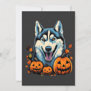 Pop Art lächelnder Husky-Hund mit Kürbissen Hallow Feiertagskarte