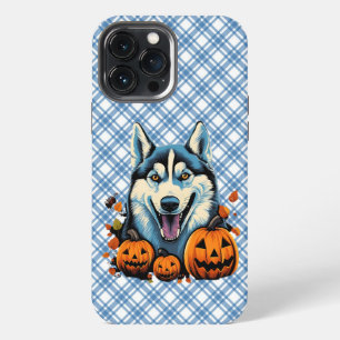 Pop-Art lächelnder Husky-Hund mit Kürbissen Hallow iPhone 13 Pro Max Hülle