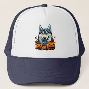Pop-Art lächelnder Husky-Hund mit Kürbissen Hallow Truckerkappe