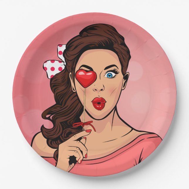 Pop Art Lady Heart Lollipop Pappteller (Vorderseite)