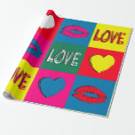 Pop Art Liebe Geschenkpapier<br><div class="desc">Pop-Tapete für den Valentinstag mit Herz und Lippen-Dekoration auf bunten Plätzen</div>