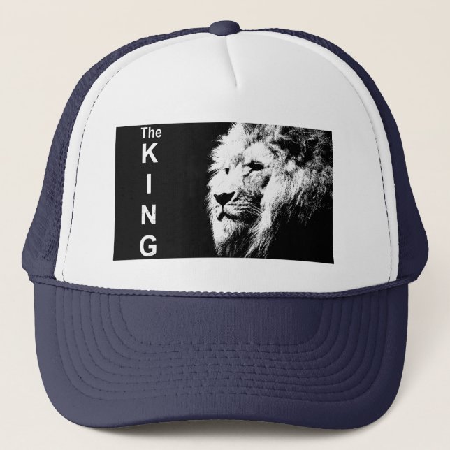 Pop Art Lion Head White Navy Blue Elegante Moderne Truckerkappe (Vorderseite)