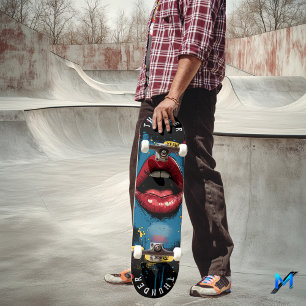 Pop-Art-Lippen mit Comic-Ausdrücken - Fettes Retro Skateboard