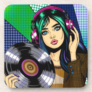 Pop-Art-Mädchen mit Schallplatte Getränkeuntersetzer