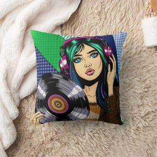 Pop-Art-Mädchen mit Schallplatte Kissen