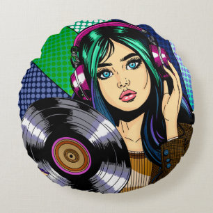 Pop-Art-Mädchen mit Schallplatte Rundes Kissen