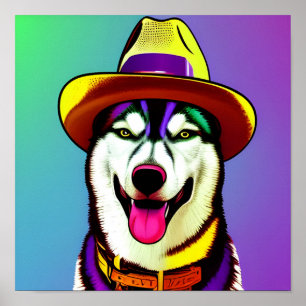 Pop Art Malerei eines Husky-Hundes mit einem Hut Poster