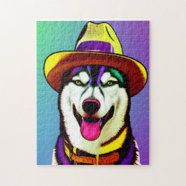 Pop Art Malerei eines Husky-Hundes mit einem Hut Puzzle