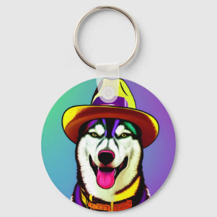 Pop Art Malerei eines Husky-Hundes mit einem Hut Schlüsselanhänger