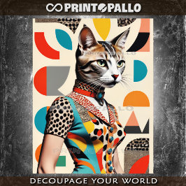 Pop Art Mid Century Collage einer Mode Katzenfrau Seidenpapier