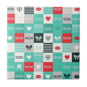Pop-Art-MOM-Liebesmuster mit Herzen und Schleifen  Fliese