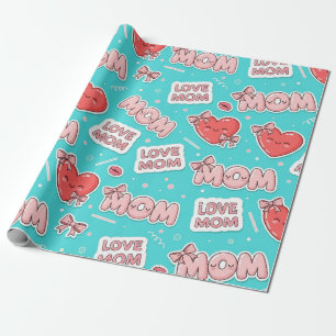 Pop Art MOM Love Muster in Türkis (1) Geschenkpapier