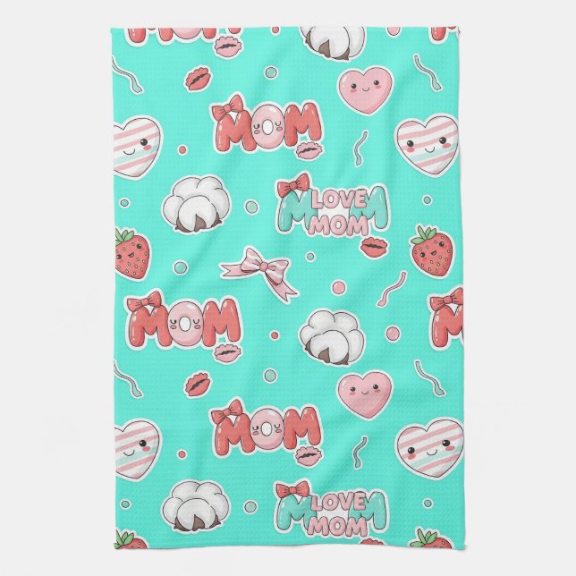 Pop Art MOM Love Pattern in Turquoise (3) Geschirrtuch (Vertikal)