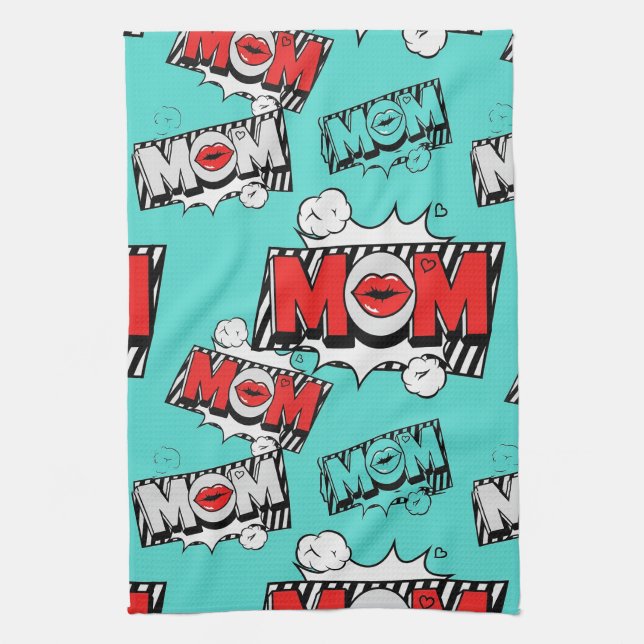 Pop Art MOM Love Pattern in Turquoise (4) Geschirrtuch (Vertikal)