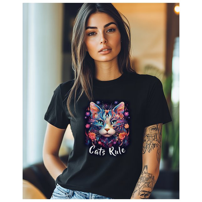 Pop Art Native American Multicolor Cats Rule T-Shirt (Cats Rule T-shirt with multi-color, modern artistic bohemian themed cat face. )