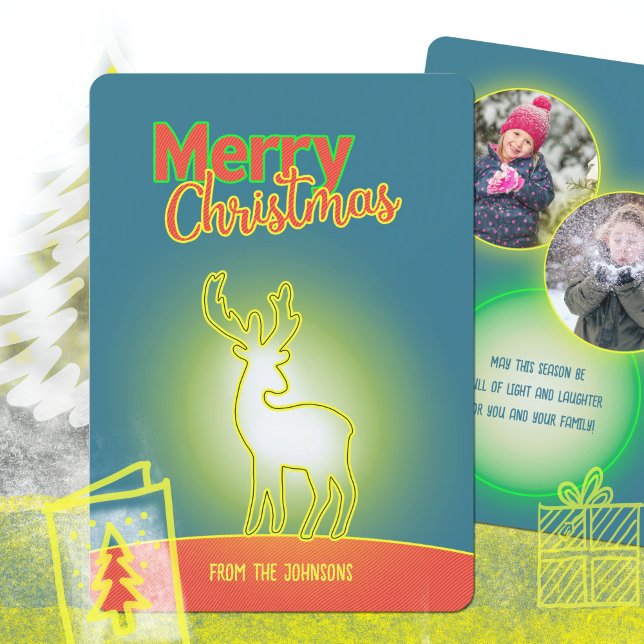 Pop Art Neon Reindeer Zwei Fotos Weihnachten (Pop Art Neon Reindeer Two Photo Christmas Holiday Card ©Susanne Sachers - Sunny Mind 🌞)