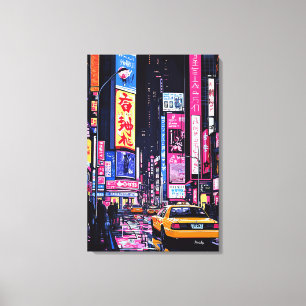 Pop-Art Neon-Stadtbild mit gelbem Taxi Leinwanddruck