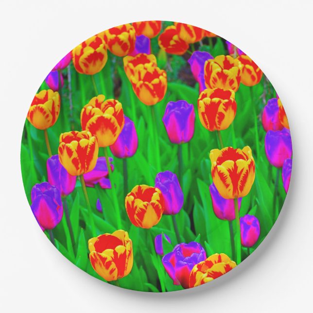 Pop Art Neon Tulips Pappteller (Vorderseite)
