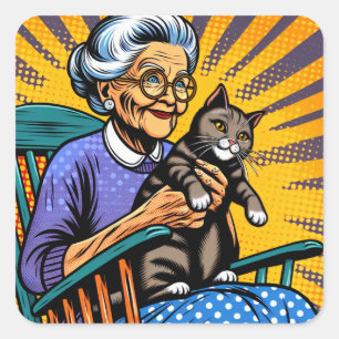 Pop Art Old Lady im Rockstuhl mit Katze Quadratischer Aufkleber