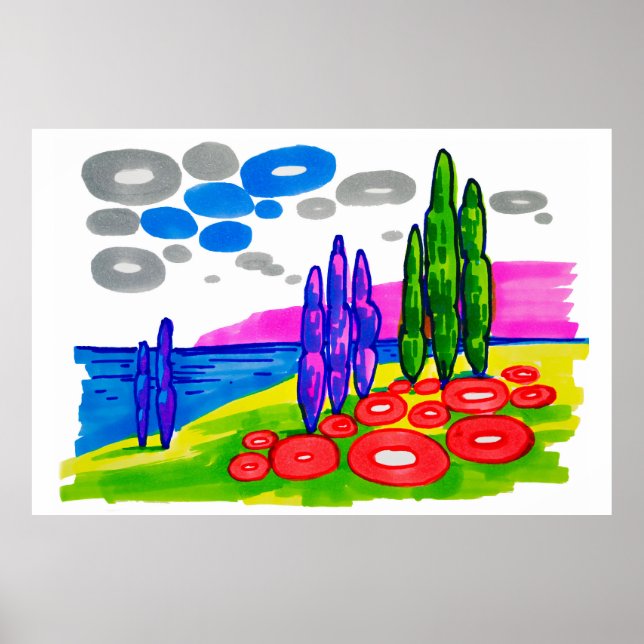 Pop-Art-Paradies – Fette grafische Landschaft Poster (Vorne)
