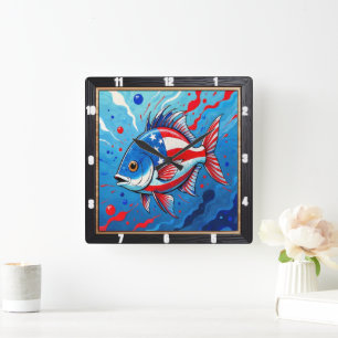 Pop Art Patriotic Fish Quadratische Wanduhr