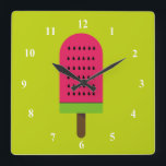 Pop Art popsicle fruity watermelon Quadratische Wanduhr<br><div class="desc">A cute pop art colorful bright illustration of a watermelon popsicle ice-block in pink and lime green. Happy and fruity !</div>