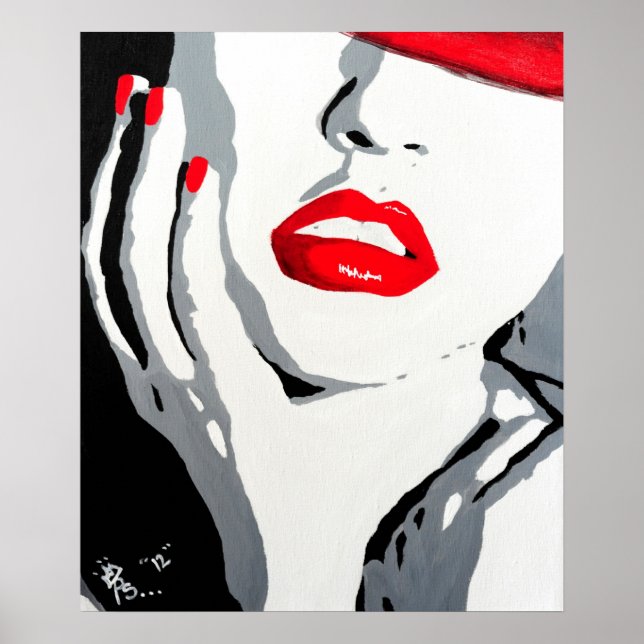 Pop Art Portrait Plakat rote Lippen und Nägel (Vorne)