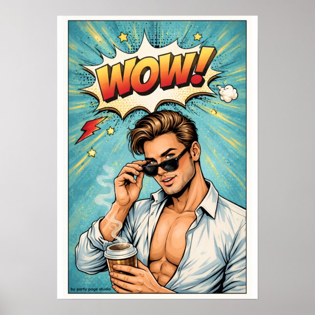 Pop Art Poster „WOW!“ – Attraktiver Mann Comic Wan (Vorne)