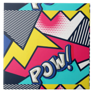 Pop Art Pow! Muster in Magenta, Blau und Schwarz Fliese