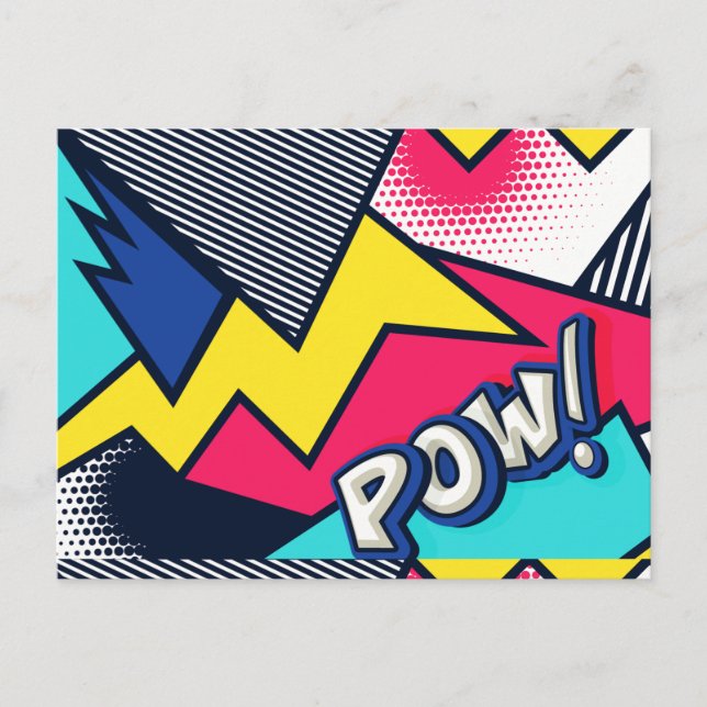 Pop Art Pow! Muster in Magenta, Blau und Schwarz Postkarte (Vorderseite)