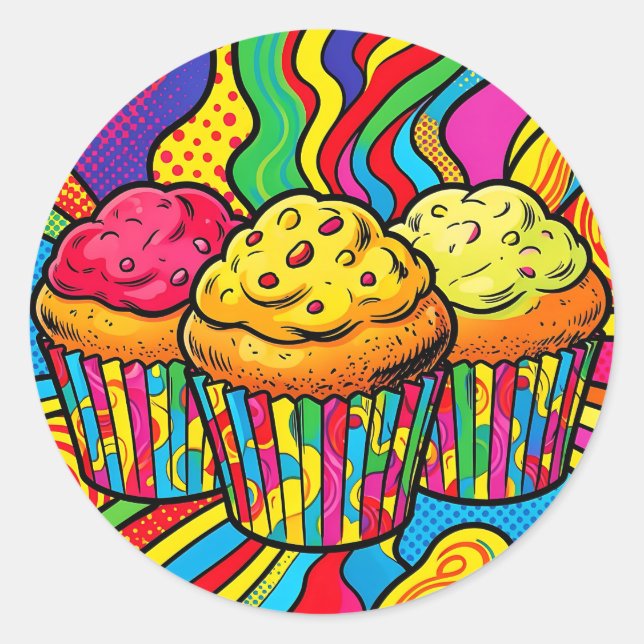 Pop-Art-Regenbogen-Cupcakes-Explosion Runder Aufkleber (Vorderseite)